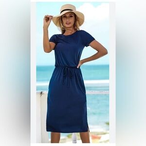 Simier Fairy Women Short Sleeve Navy Blue Midi dress with pockets.
